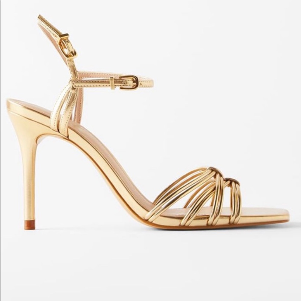 ZARA - Strappy high heel sandals in gold.
